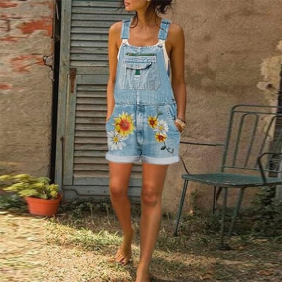【NWOT】Floral Print Denim Short Overalls - Picture 7 of 8